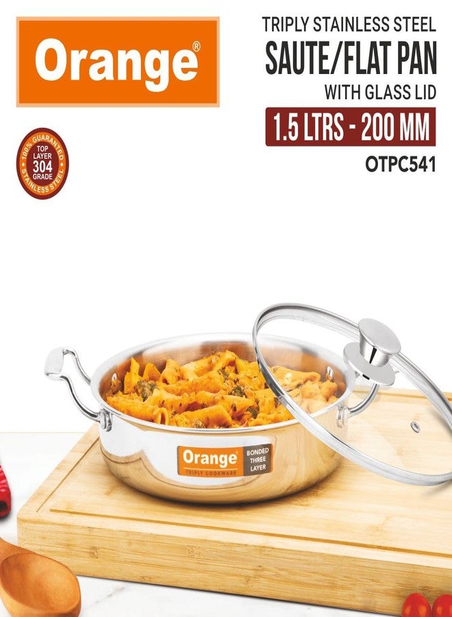 Orange Triply Stainless Steel Fry Pan/Saute Pan/Flat Pan with Glass Lid (Fry Pan 20cm) 1.5 Litre Capacity | Induction Friendly | 2.5 mm Thickness | Heavy Bottom with Cool Touch Handle | Silver - Image 2